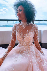 Bmbridal Champagne High Neck Wedding Dress Long Sleeves With Appliques